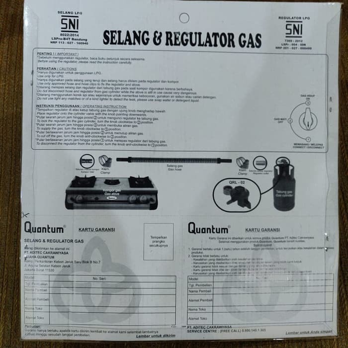 PAKET HEMAT SELANG GAS LPG 1.8M DAN REGULATOR QUANTUM KOMPOR SNI QRL022 QRL 022