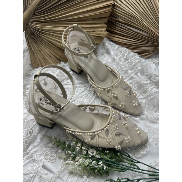 sepatu wanita wedding rafaizoutfit syanaz cream 5cm tahu