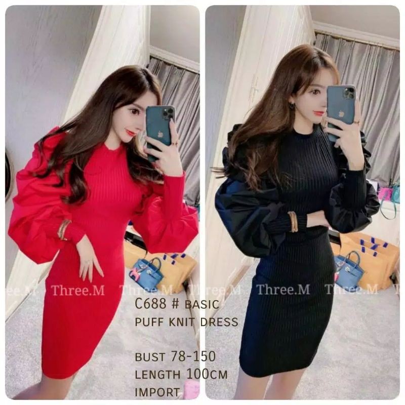 C688Baju Dress import lengan Balon Baju Rajut lengan balon Mini Dress Puff Pakaian import Hitam red 