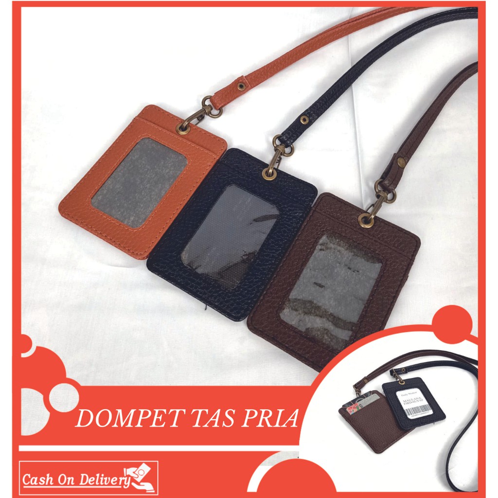 ID CARD HOLDER KULIT LANYARD WITH SLOT KARTU/NAME TAG PU LEATHER TERMURAH