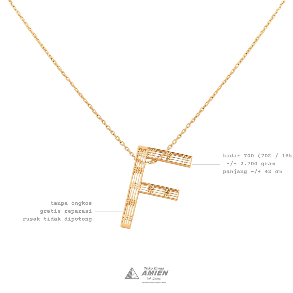 Toko Emas Amien Kalung Emas UBS Kadar 700 (70% / 16K) 2.700 Gram - Kalung Alpha Bold Huruf Letter F