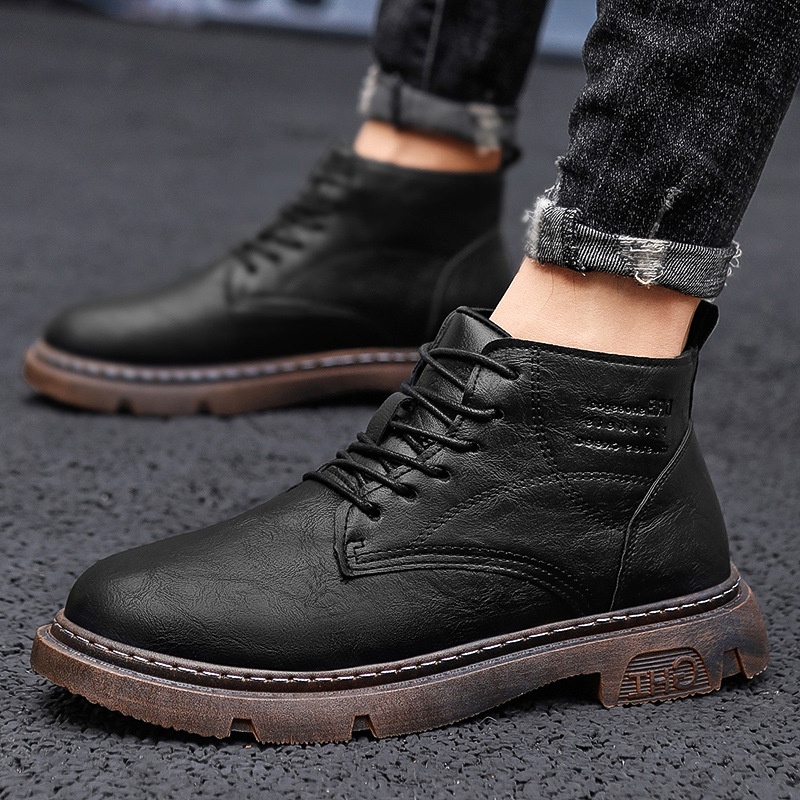 Martin Boots Pria Tinggi-Top 2021   Hitam Klasik Sepatu Kerja Sepatu Korea Fashion Kasual Kulit Pria