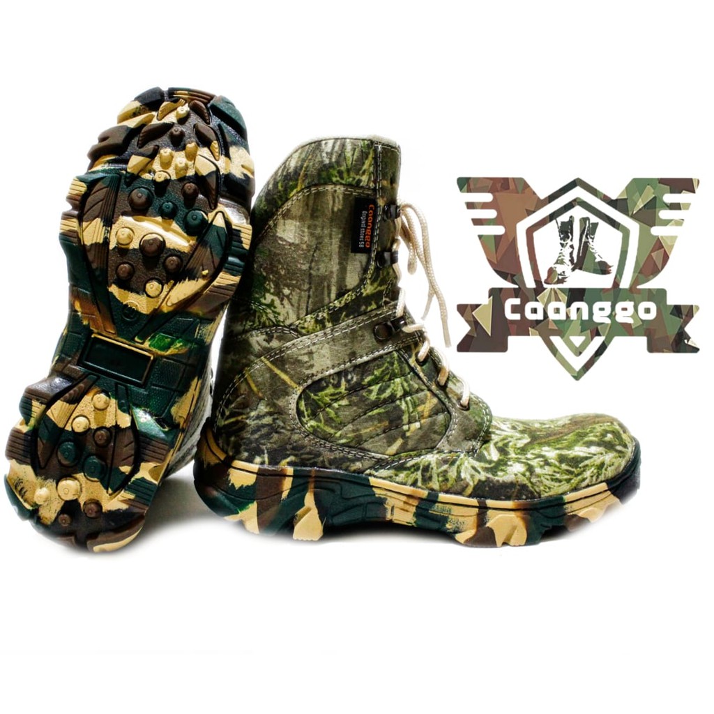 SEPATU SAFETY BOOTS MODEL CAMO HUNTING/BERBURU,SAFETY UJUNG BESI,TINGGI 8INC