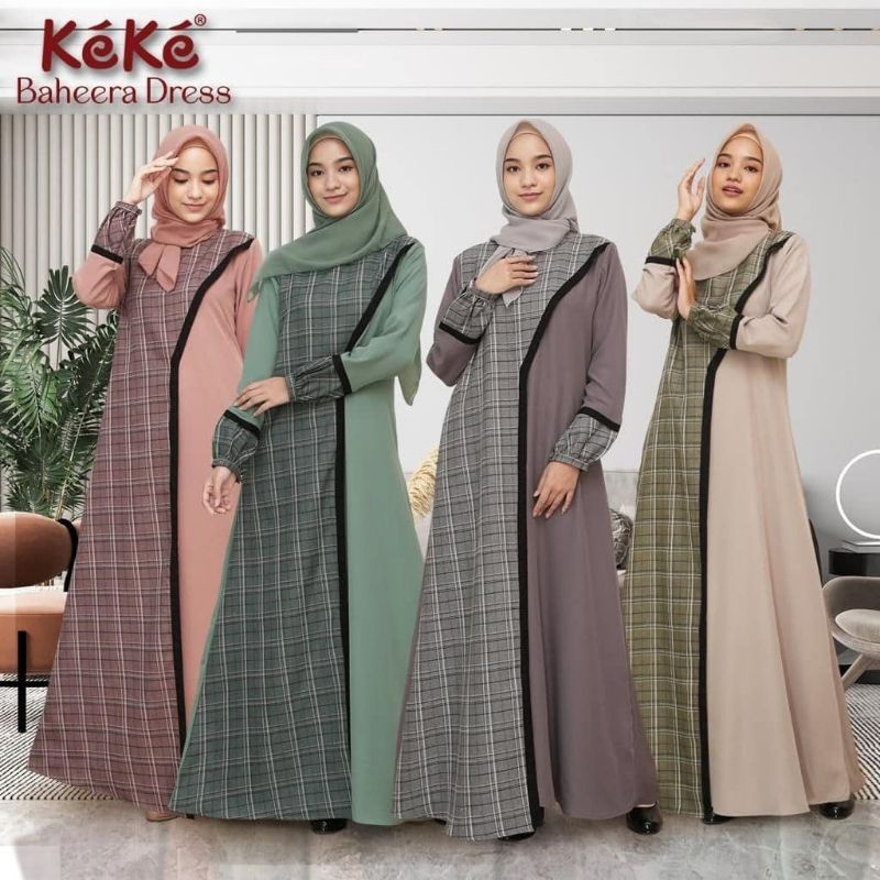 Gamis Premium Baheera Dress by Keke|Gamis Katun Madina|Gamis Polos Mix Kotak|Dress Syari|Dress Adem|