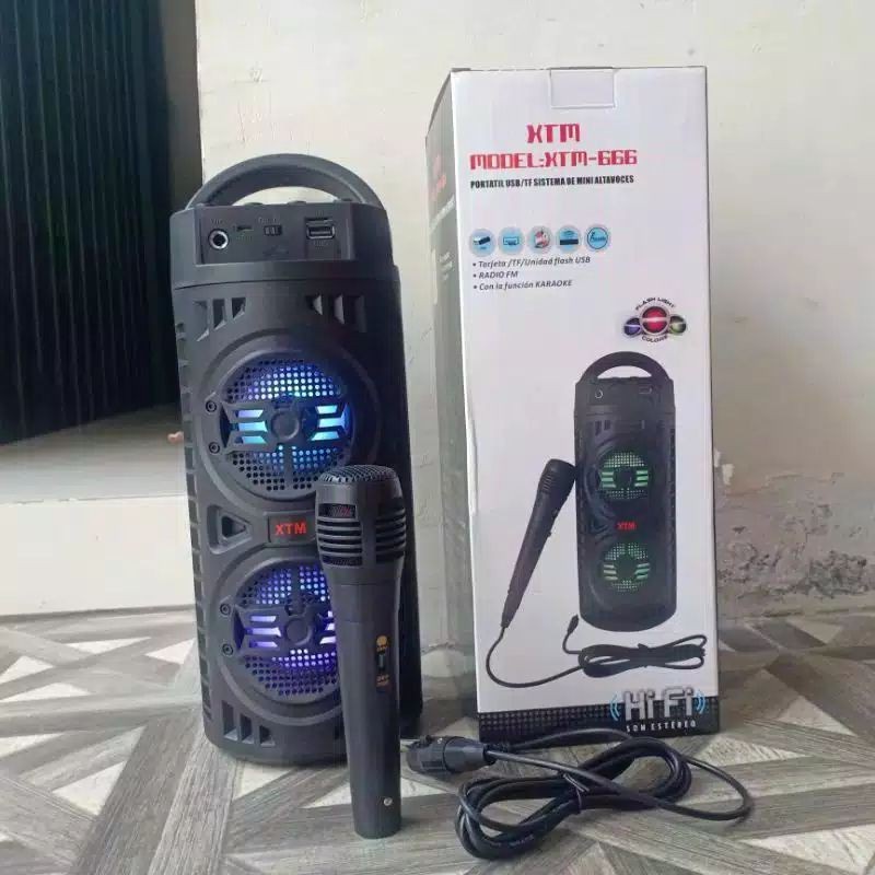 Promo Terbaru!!! Speaker Karaoke Portable Bluetooth XTM 666 Wireless USB LED Bonus Microphone Super Extra Bass