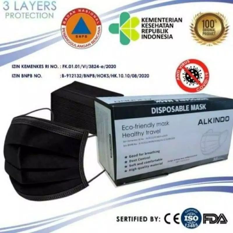 MASKER HITAM EARLOOP/HEADLOOP/3 PLY/ 1 BOX ISI 50