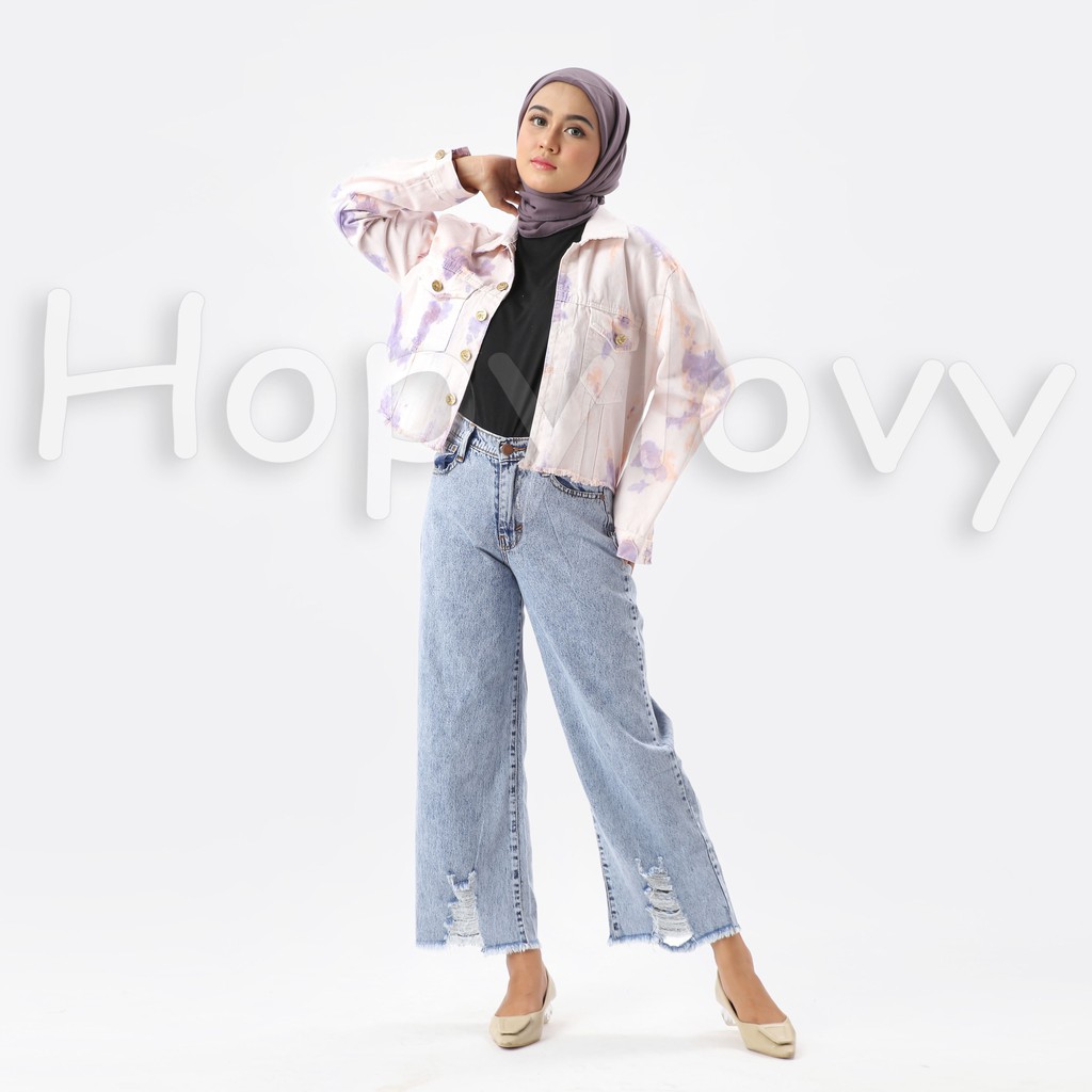 HOPYLOVY - Jaket Jeans Wanita Motif Tie Dye Sunrise