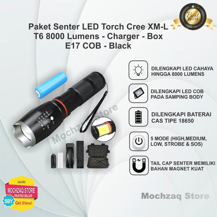 Paket Senter LED Torch Cree XM-L T6 8000 Lumens - Charger - Box - E17