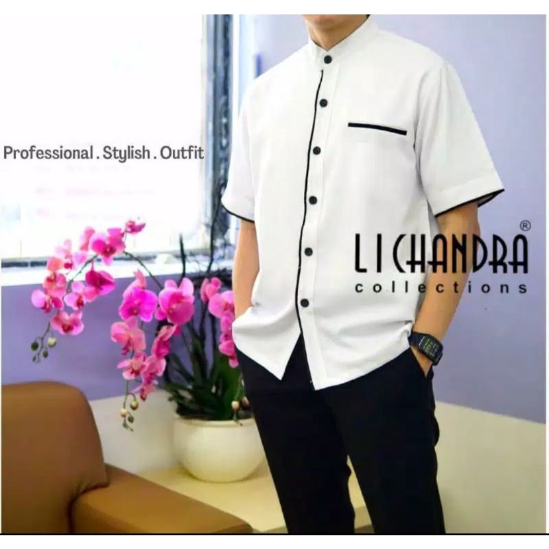 kemeja kerja pria lichandra/ atasan kemeja hipu pria/ seragam kerja putih list hitam pria lichandra/