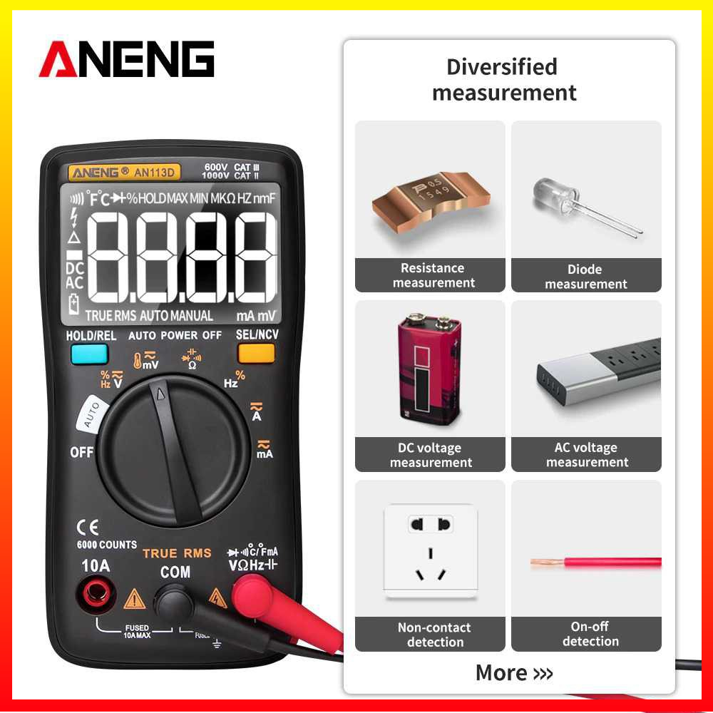 Alat mengukur arus listrik Digital Multimeter Voltage Tester Akurat Detail LCD Hemat Baterai ANENG AN113D - MBOT1SBK