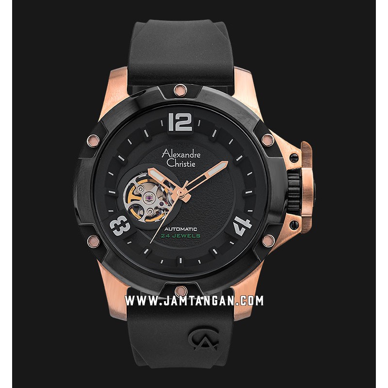 Alexandre Christie AC 6295 MA RBRBA Men Automatic Open Heart Dial Black Rubber Strap