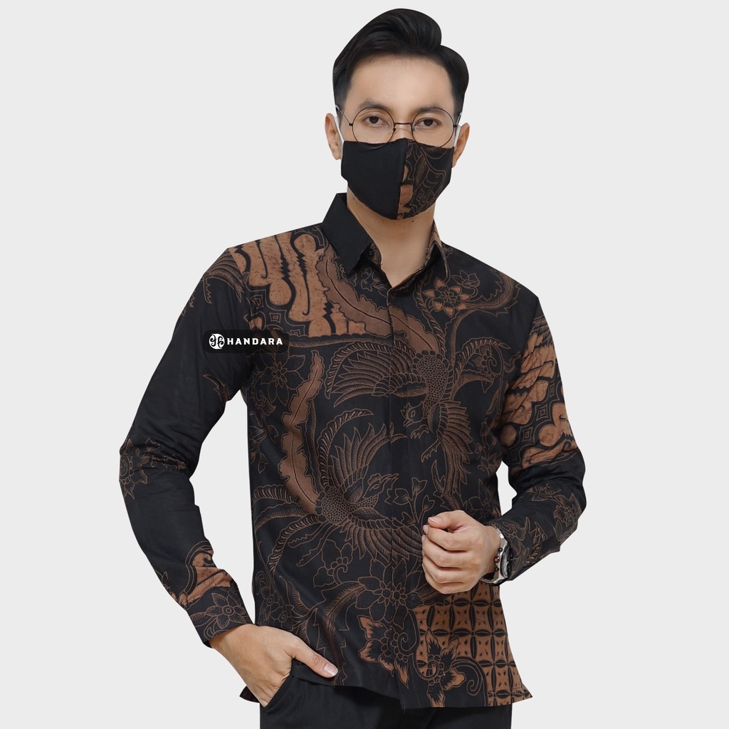 Baju Kemeja Batik Pria Lengan Panjang Slim Fit Premium Modern Full Furing Katun Halus Original Handara Motif Chandrakanta Hitam Sogan HB-127