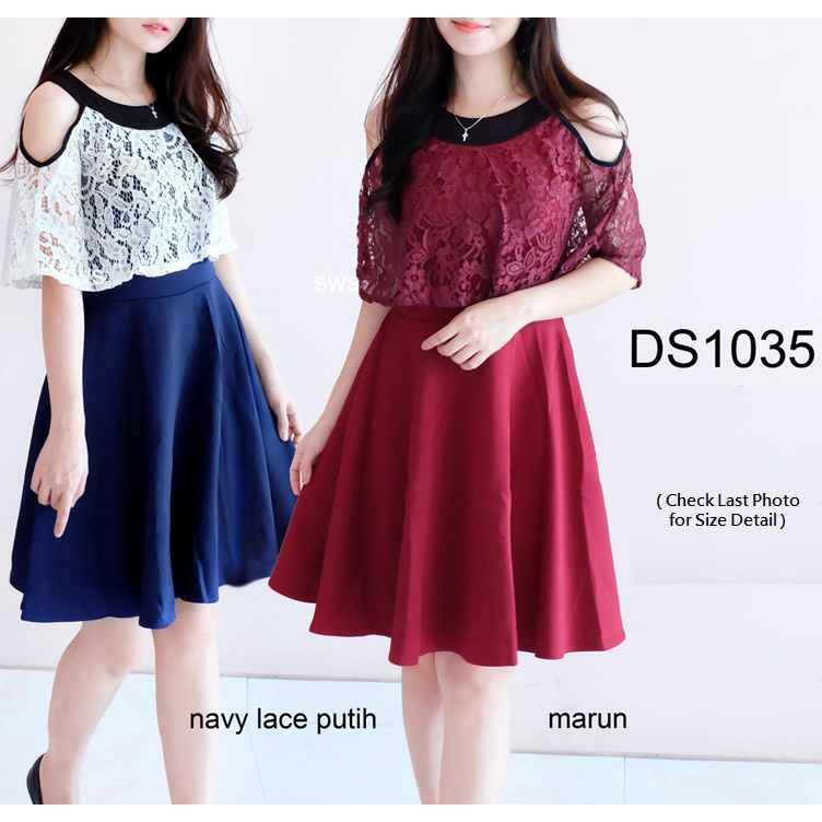 DS1035 - DRESS PESTA BRUKAT LACE SCUBA DRESS FLARE WANITA IMPORT MURAH NATAL