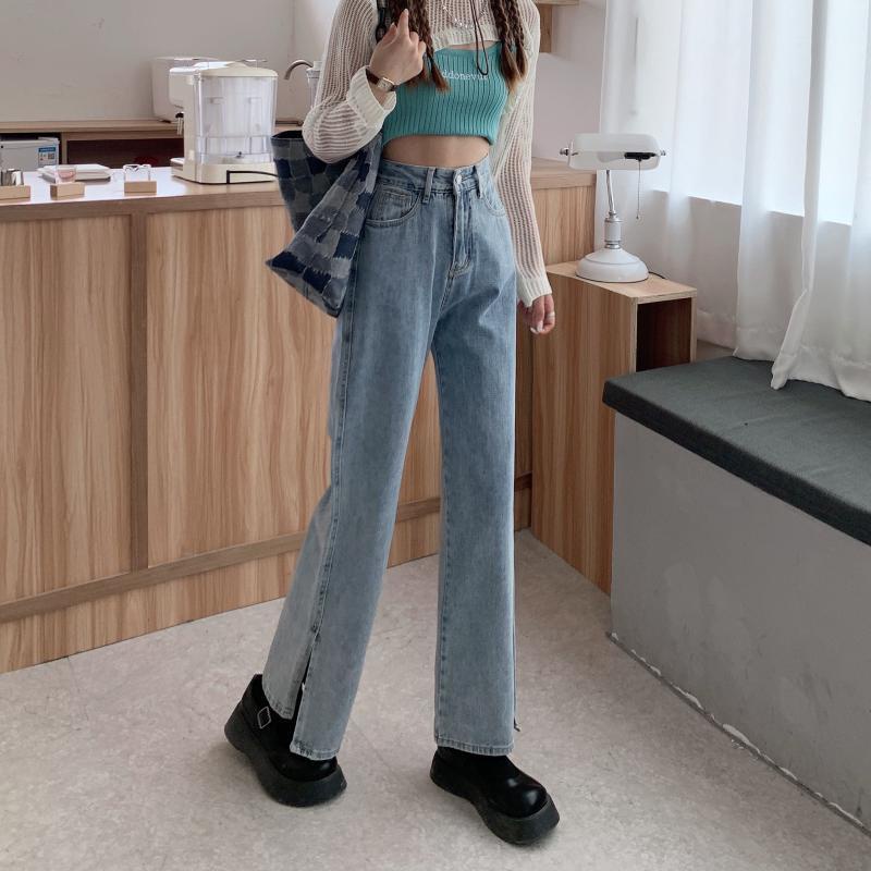 Jeans desain fashion longgar berkaki lurus dengan pinggang tinggi dari Korea