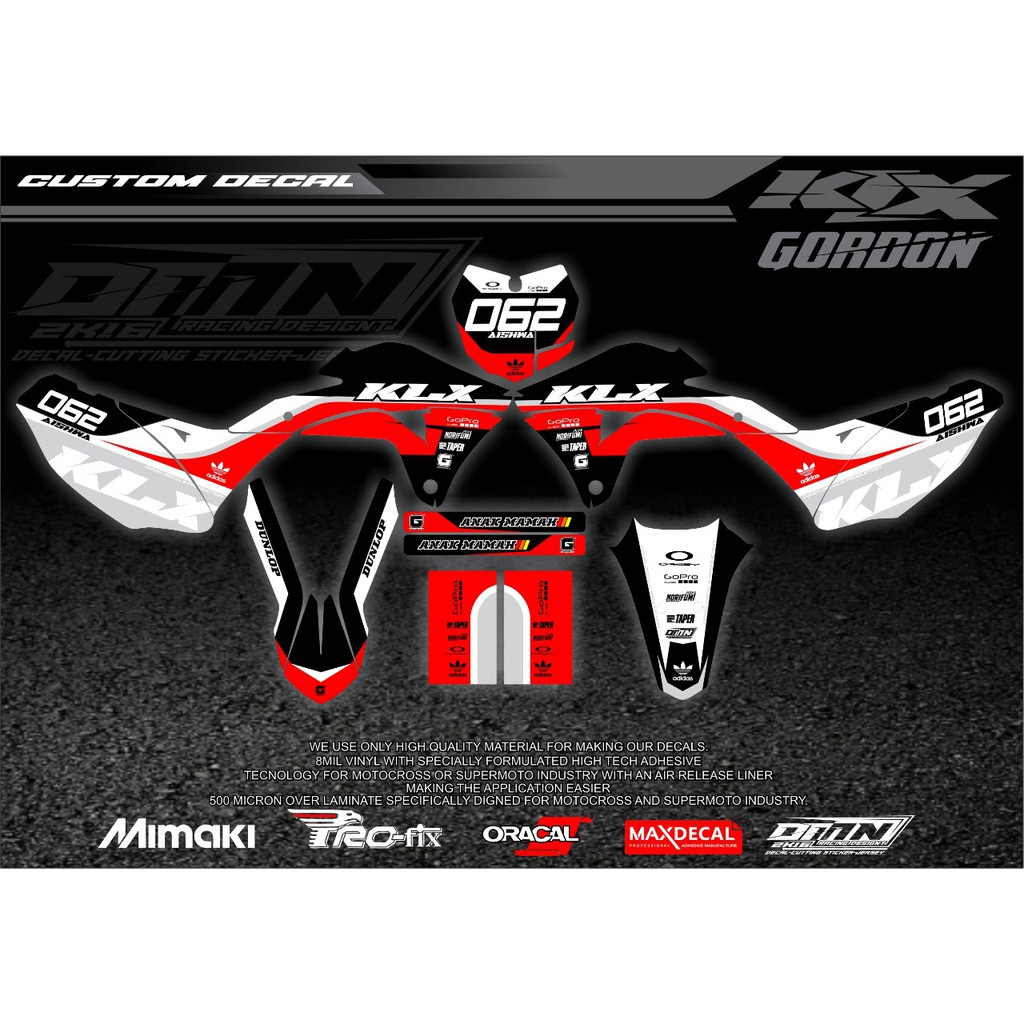 DECAL KLX GORDON DESAIN TERBARU WARNA MERAH HITAM DAN PUTIH