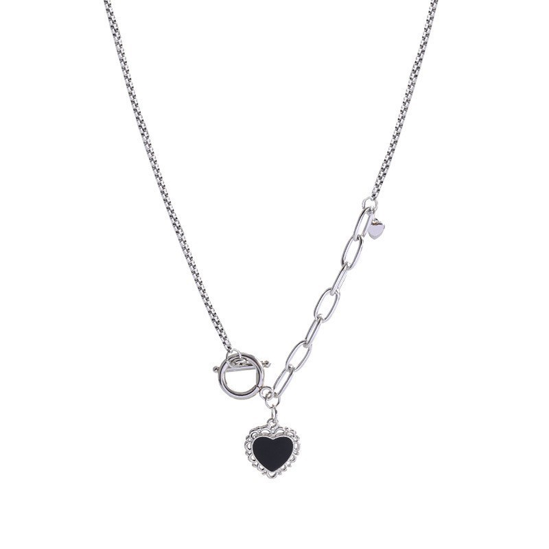 Kalung Rantai Klavikula Hias Hati Warna Hitam Gaya Retro Korea Untuk Perempuan