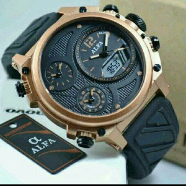 JAM TANGAN PRIA/ COWOK ALFA ORI DUAL TIME 4 WAKTU KARET  TAHAN AIR ELEGANT HARGA BERSAHABAT...