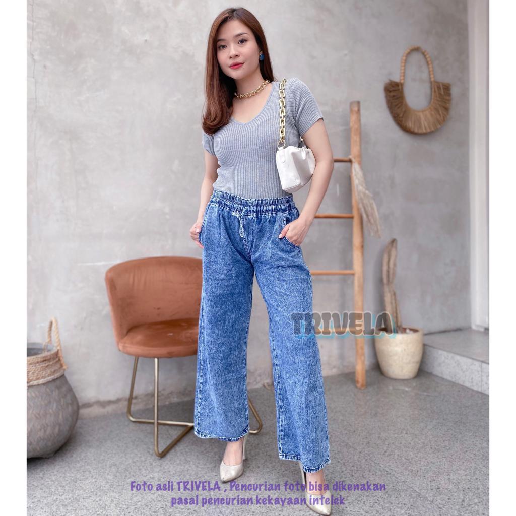 TRIVELA - Jeans Kulot Pinggang Karet Snow / Jeans Kulot Tali Depan / Kulot Jeans Jumbo / Kulot Jeans All Size 6 Warna&quot;