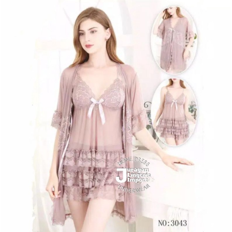 Kimono 3in 1 lingerie set tanktop & celana pendek baju tidur wanita dewasa jumbo bigsize