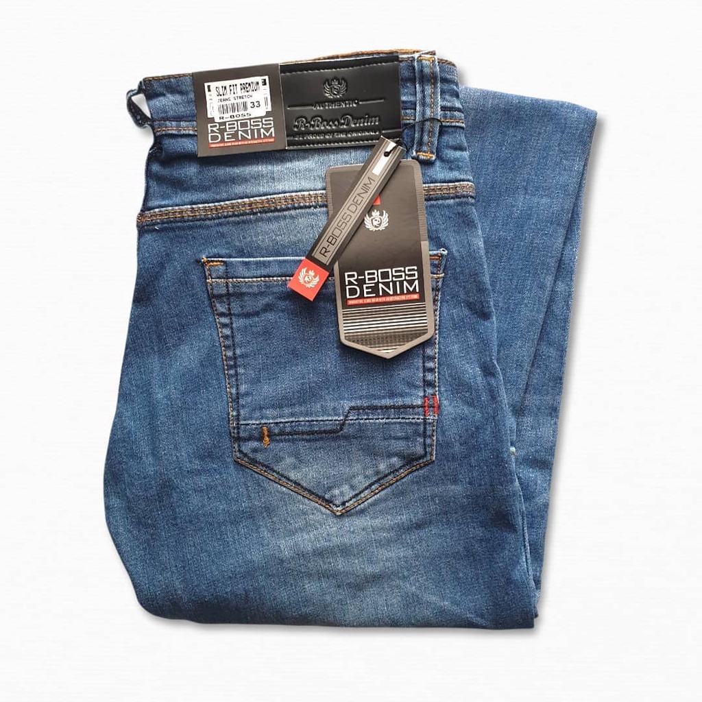 Jeans Panjang  slimfit melar street Pria fiding JIns merk Rboss Original riped biru terbaru asli ori