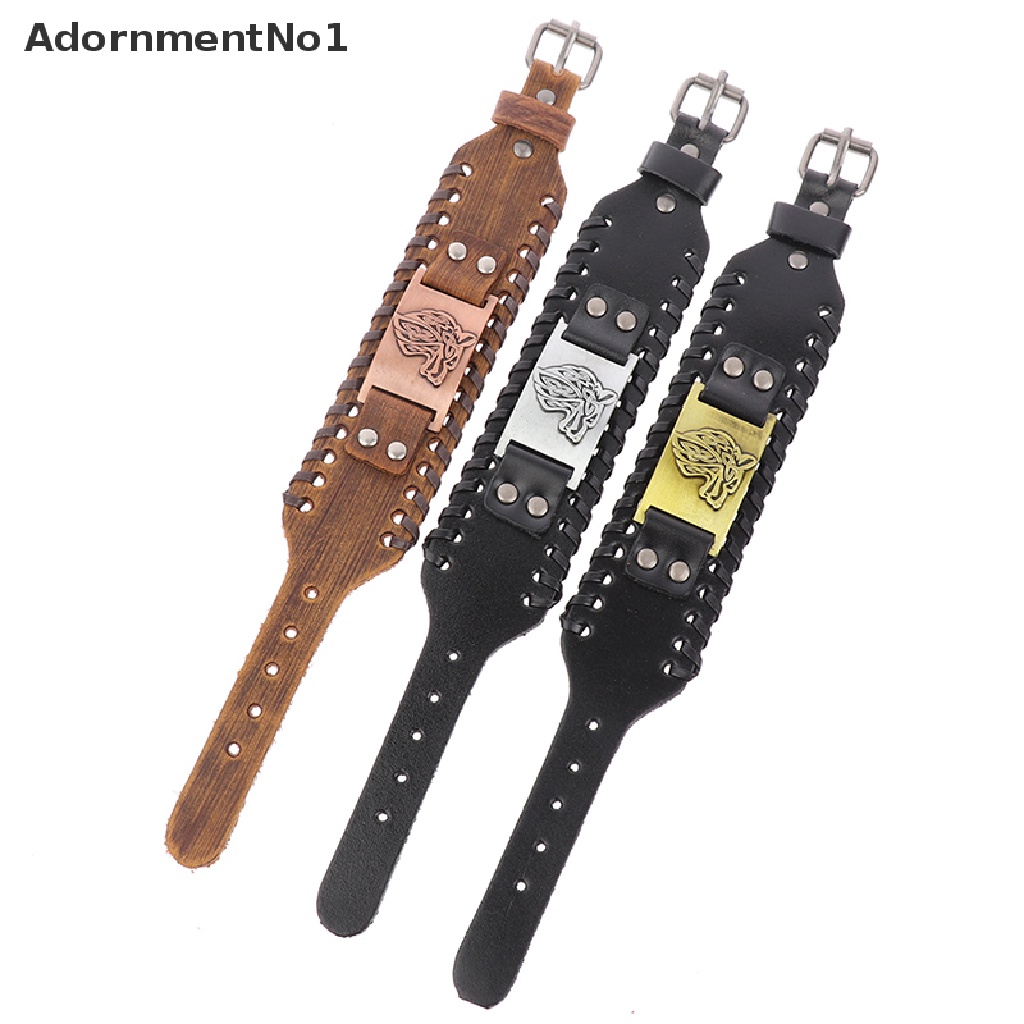 (AdornmentNo1) Gelang Tangan Kulit Lebar Adjustable Motif Kepala Serigala Gaya Punk Untuk Pria