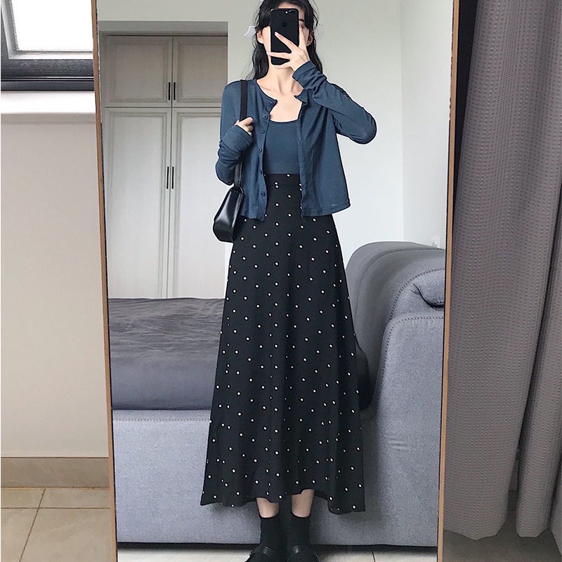 Rok Panjang A-line Korea Style Retro Midi Hitam polka dot fashion wanita skirt