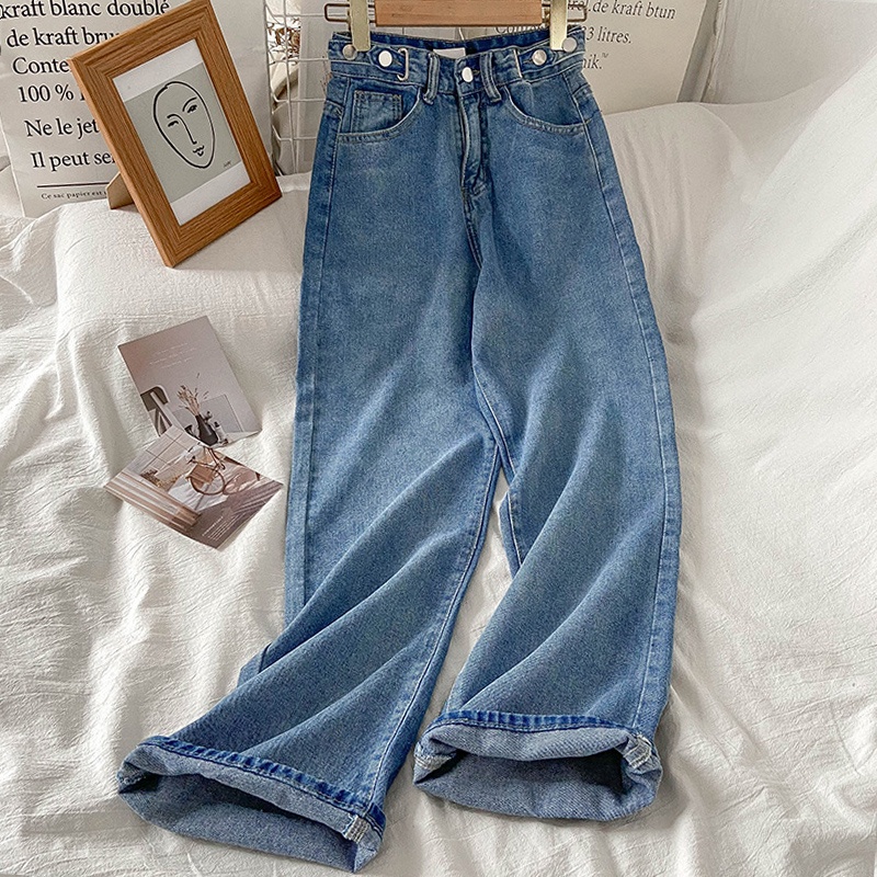 Retro pinggang tinggi longgar lurus denim gadis mahasiswa celana lebar kaki serbaguna jeans(Peta fisik）