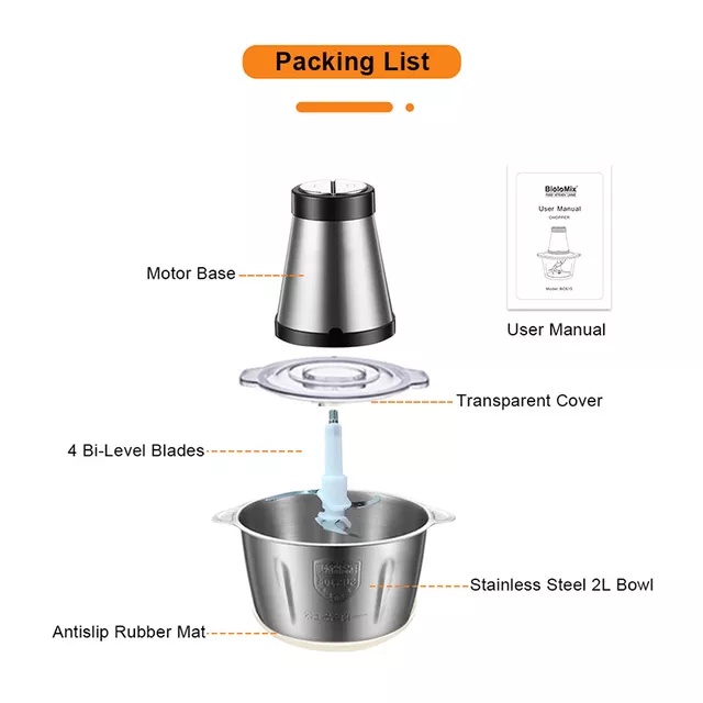 Blender Daging Stainless 2 Liter Chopper Penggiling Penghalus Daging Bumbu Masak Bawang Cabe Serbaguna 2 Liter Meat Blender Grinder Stainless Anti Karat