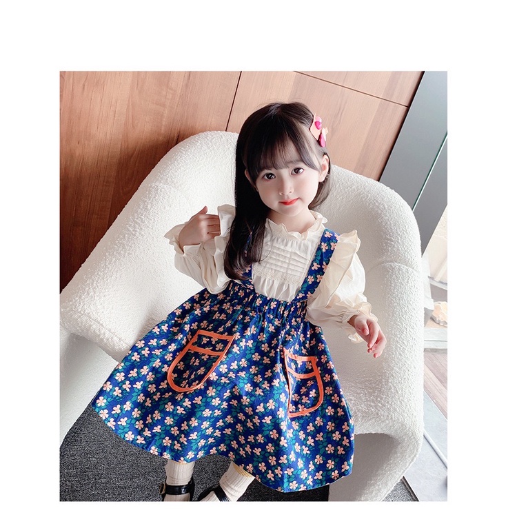 Dress import Anak Perempuan Gaun Pesta Korean Style Set 2in1 Motif Biru Bunga Pouch