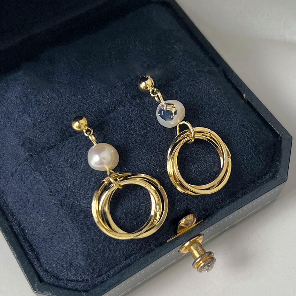 Needway Anting Wanita Trendi Mewah Pesta Emas Temperamen Bentuk Bulat Mutiara Drop Earrings