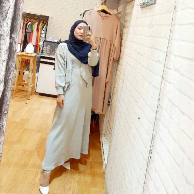 Dress Overall + Cardigan Kaos Rajut Import