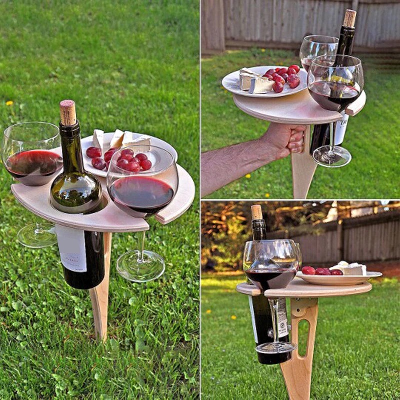 Meja Mini Outdoor Taman Slot Gelas Botol Piring Foldable Picnic Wine Table - KT007 - Wooden