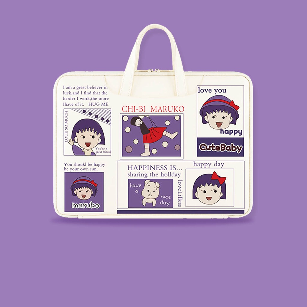 Sleeve Pouch Sarung Tas Bag Case Ipad Tab Tablet Macbook Air Pro Laptop Asus Acer Lenovo HP Huawei 11 12 13 14 15 inch Motif Gambar Kartun Cartoon Chibby Maruko Chan Warna Putih Biru Lucu Cute Murah Korean Model Jinjing Tali Strap