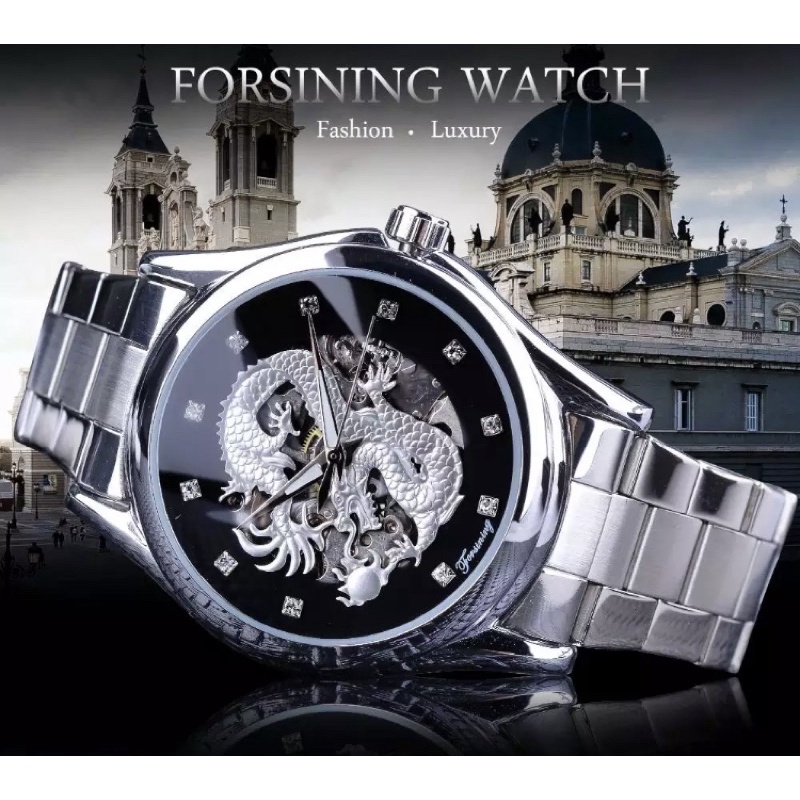 Jam Tangan Mekanik Otomatis Forsining Dragon Stainless Steel Silver Black