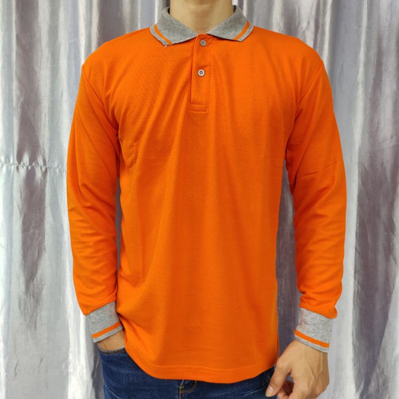Kaos Kerah polos lakos lengan panjang uk M L XL XXL XXXL-Krah Oren PJG