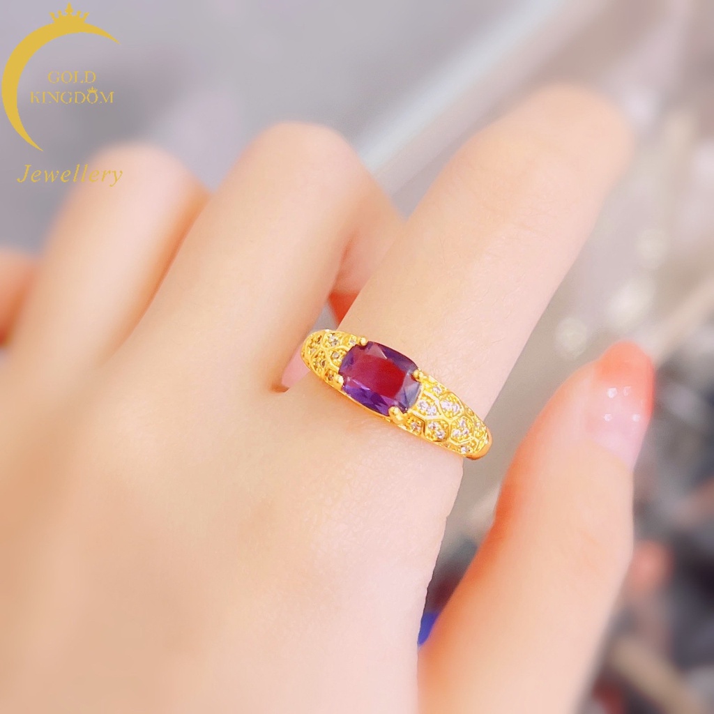 Goldkingdom Perhiasan Fashion Emas Asli Kadar 375 Bangkok Aksesoris Ready Stock Bertatahkan Uruguayan Amethyst Cincin Berlapis Emas Adjustable Wanita Cincin