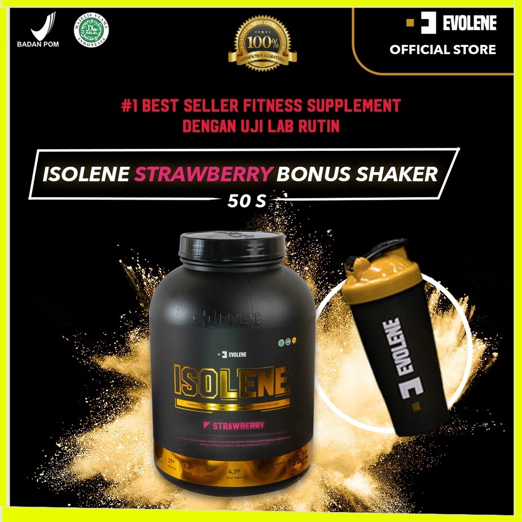 Isolene Strawberry 1650gr/50 Sachet Kualitas premium - Suplemen fitness pembentuk Otot - Defisit kalori - Susu Protein - Suplemen Fitness - Minuman Protein - Suplemen Workout - Whey protein isolate Evolene Evoline Evolen