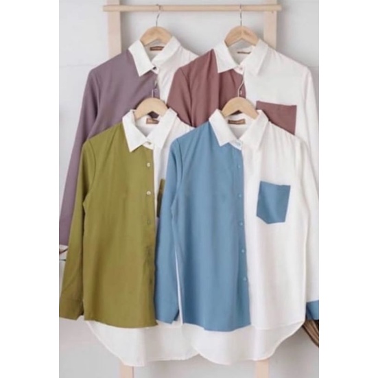 Kemeja Wanita Polos Casual Blouse Basic Kombinasi Warna Lengan Panjang Kekinian  Moscrepe-7