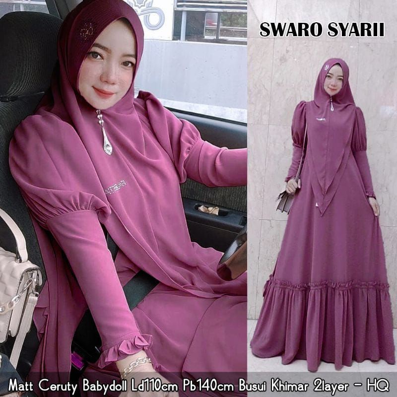 SWARO SETELAN GAMIS SYAR'I SET KHIMAR  WANITA 2 LAYER CERUTY BEBYDOLL ORIGINAL FULL FURING