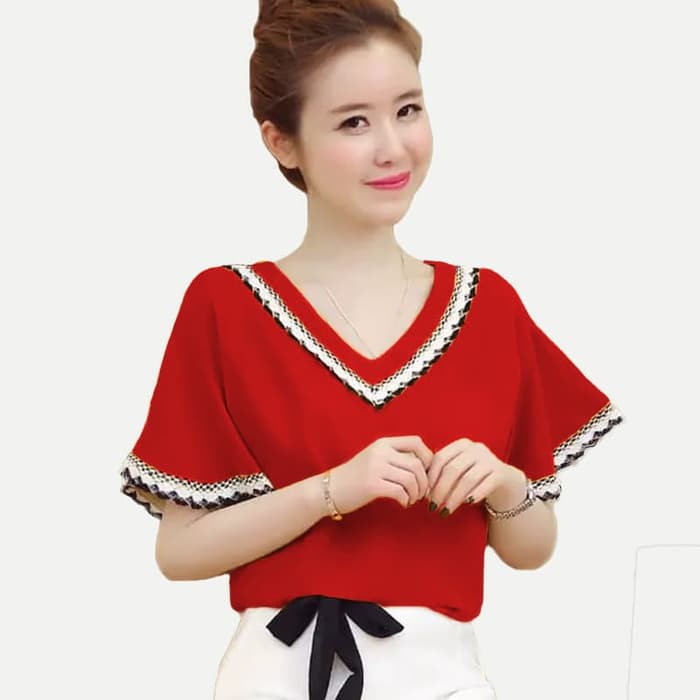 Baju Atasan Santai Brukat Brokat Lace Biru Blue Blouse Wanita Kor ZK297 Blus Lengan Pendek Wanita G