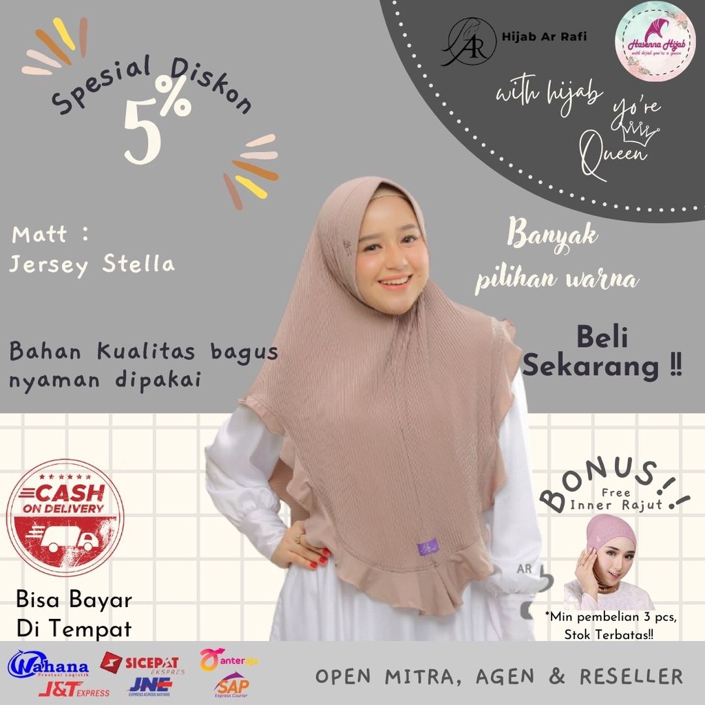 Arrafi Hijab Original AR 558 Ped Antem Variasi Rampel Depan Model Hijab Plisket Matt Jersey Stella