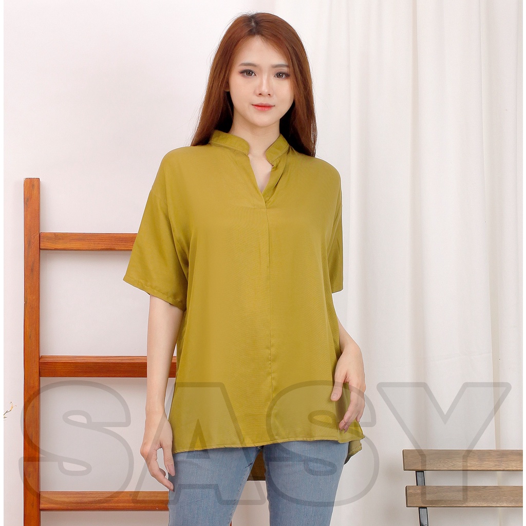 Olive top blouse atasan wanita / blouse kerah sanghai / blouse polos atasan wanita rayon twill COD