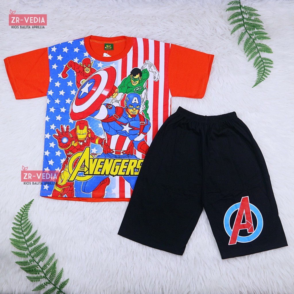 Setelan SuperHero  uk 9-10 Tahun / Kaos Karakter Anak Laki Celana Pendek Cowok Baju Main Murah