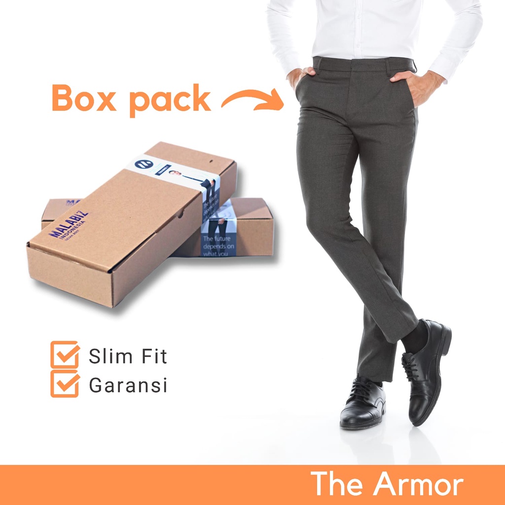 ABU GELAP PEKAT - THE ARMOR - Celana Pria Bahan Dasar Wool Formal Untuk Kerja Kantoran slimfit