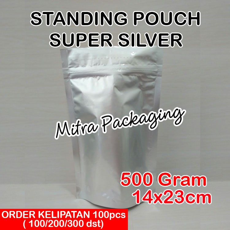 

KPACK Kemasan Standing Pouch Alumunium Foil Padat Super Silver + Ziplock 500