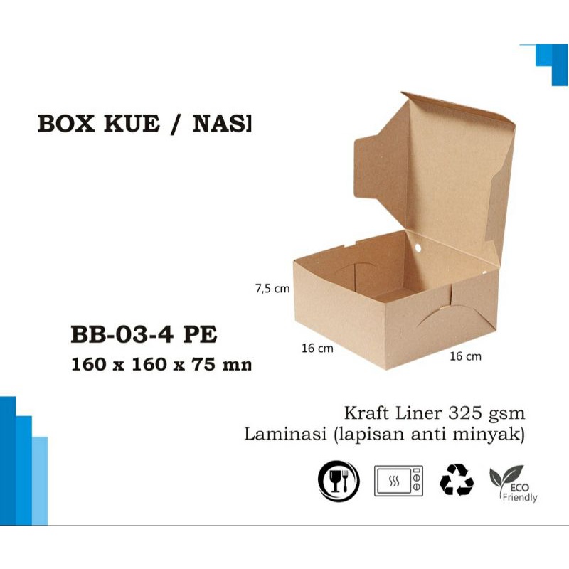 

( isi 5pcs ) BOX KARDUS KOTAK MAKANAN NASI ROTI KUE SNACK 16x16x7,5 cm KRAFT 325 gsm