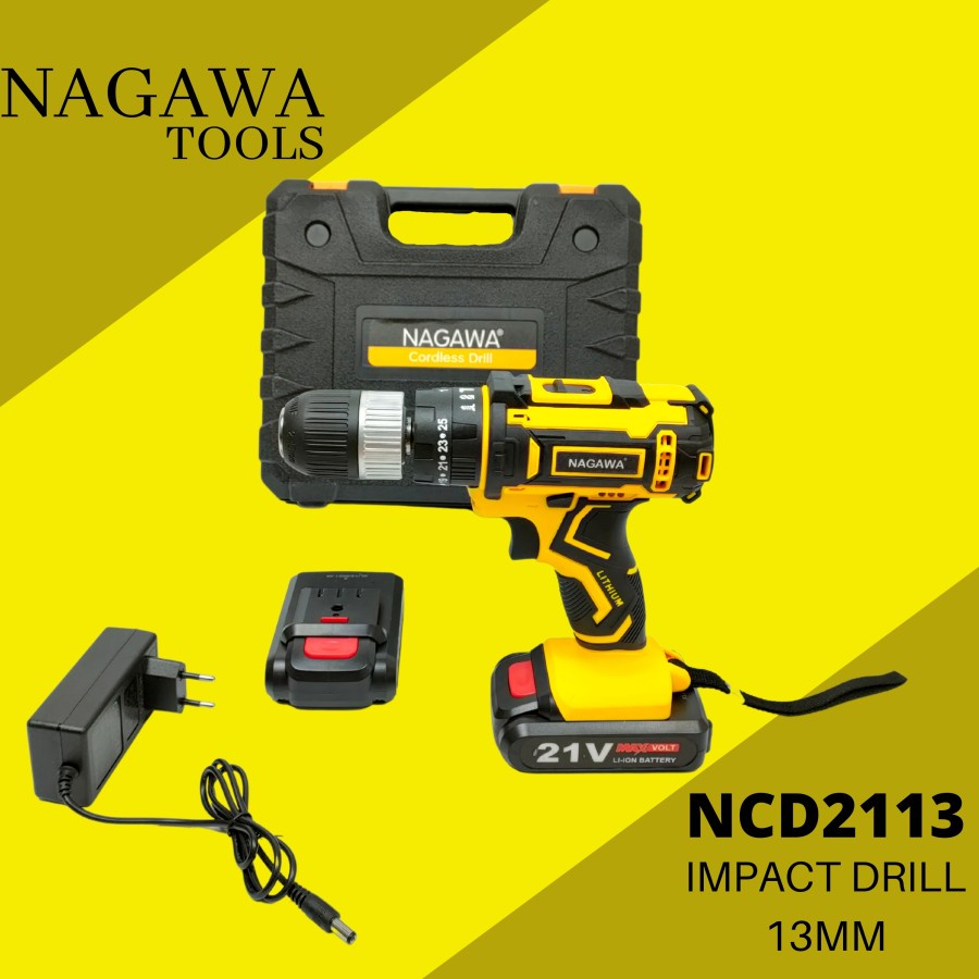 CORDLESS HAMMER DRILL 21V SET MESIN BOR BATERAI NAGAWA NCD2113 - Kuning