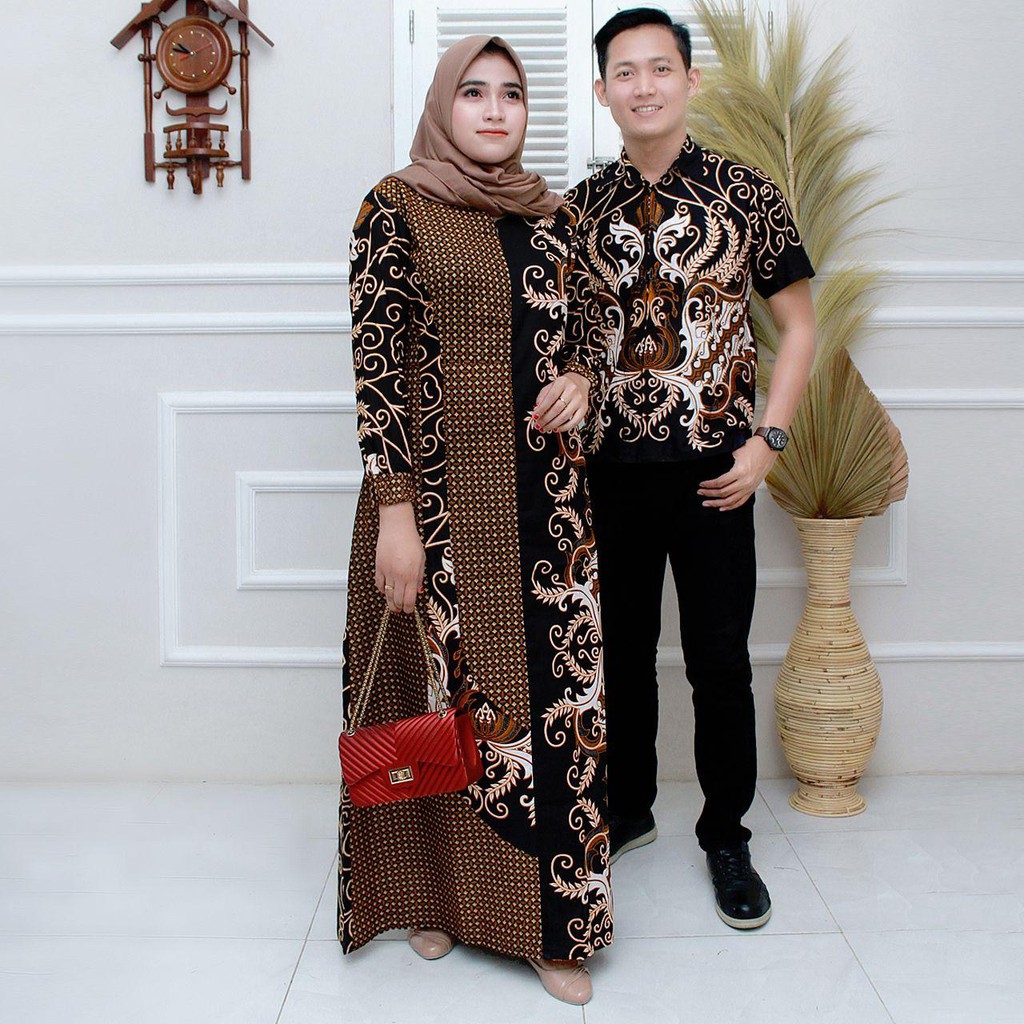 Batik Couple Gamis batik Maura Sania Ruffle ori Ndoro jowi DNT Size M L XL All Size-Couple GK113