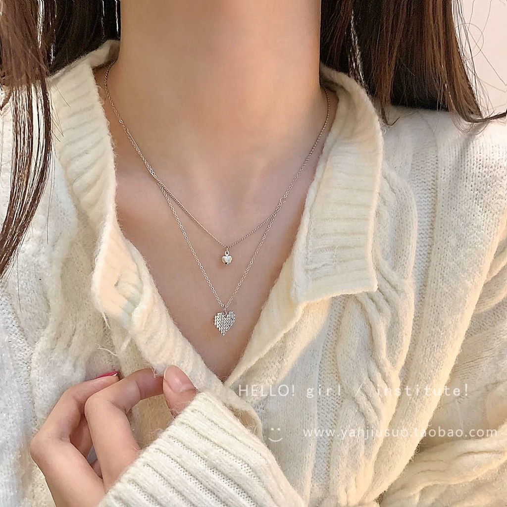 YEEZII Kalung Choker Rantai Ganda Hias Liontin Hati Kristal Warna Silver Untuk Wanita