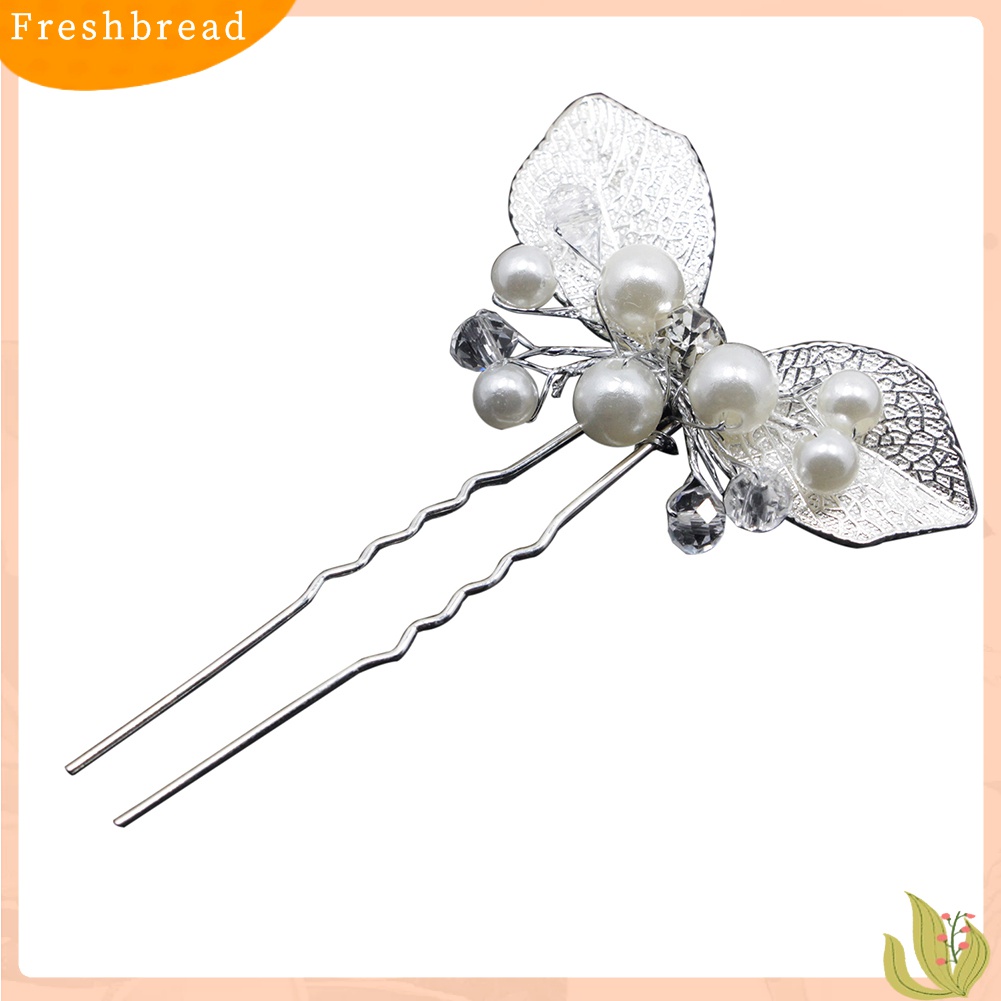 【Fresh】Bridal Wedding U Shape Leaf Rhinestone Faux Pearl Hair Stick Hairpins Gifts